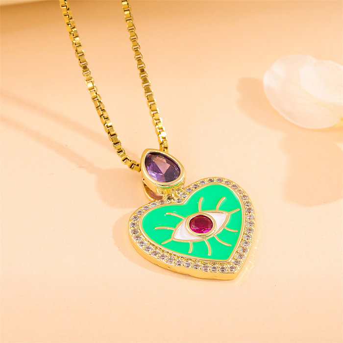 Retro Simple Style Heart Shape Stainless Steel  Stainless Steel Enamel Plating Inlay Zircon 18K Gold Plated Pendant Necklace