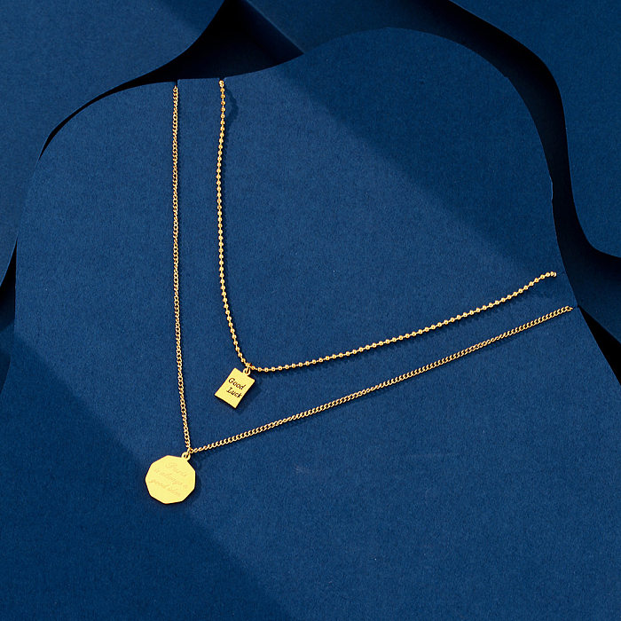 Elegante, schlichte Buchstaben-Quadrat-Volltonfarbe-Edelstahlbeschichtung mit Zirkon-Intarsien, 18 Karat vergoldete, mehrschichtige Halsketten