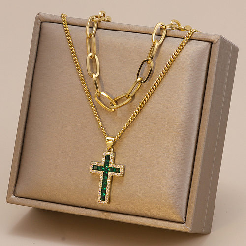 Mode-Kreuz-Halsketten mit Edelstahlbeschichtung und Zirkon-Schichten, 1 Stück