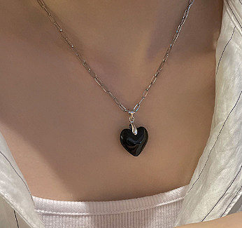 Modern Style Heart Shape Glass Stainless Steel Polishing Necklace