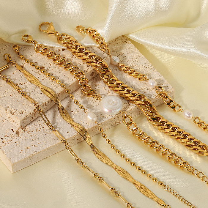 Pulseras de perlas de agua dulce chapadas en oro de 18 quilates de acero inoxidable de color sólido estilo vintage hip-hop a granel