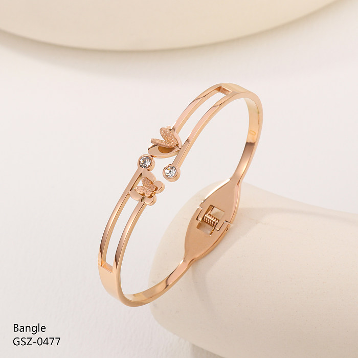 Estilo simples flor borboleta chapeamento de aço inoxidável incrustações strass zircão rosa banhado a ouro pulseira