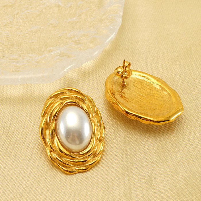 1 Pair Elegant Irregular Oval Solid Color Polishing Plating Inlay Stainless Steel  Freshwater Pearl 18K Gold Plated Ear Studs