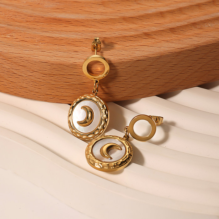 1 paire de boucles d'oreilles pendantes, Style moderne et élégant, Style Simple, incrustation de lune, coque en acier inoxydable, plaqué or 18 carats