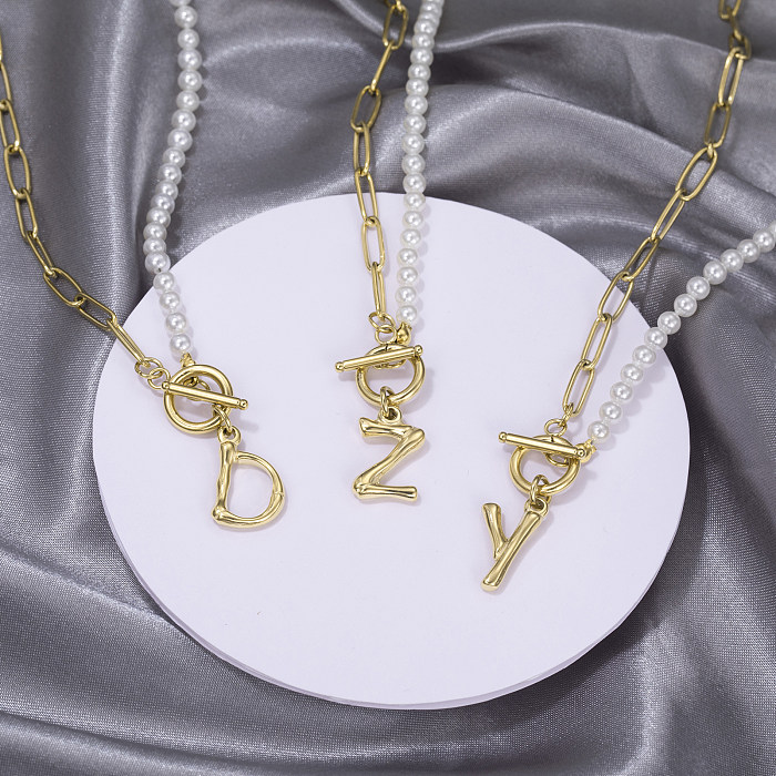 Commute Letter Stainless Steel  Plating Inlay Pearl 14K Gold Plated Necklace