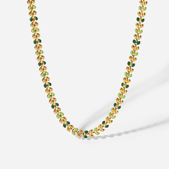 Fashion 18K Gold Green Drop Olive Leaf Women's Stainless Steel  Necklace