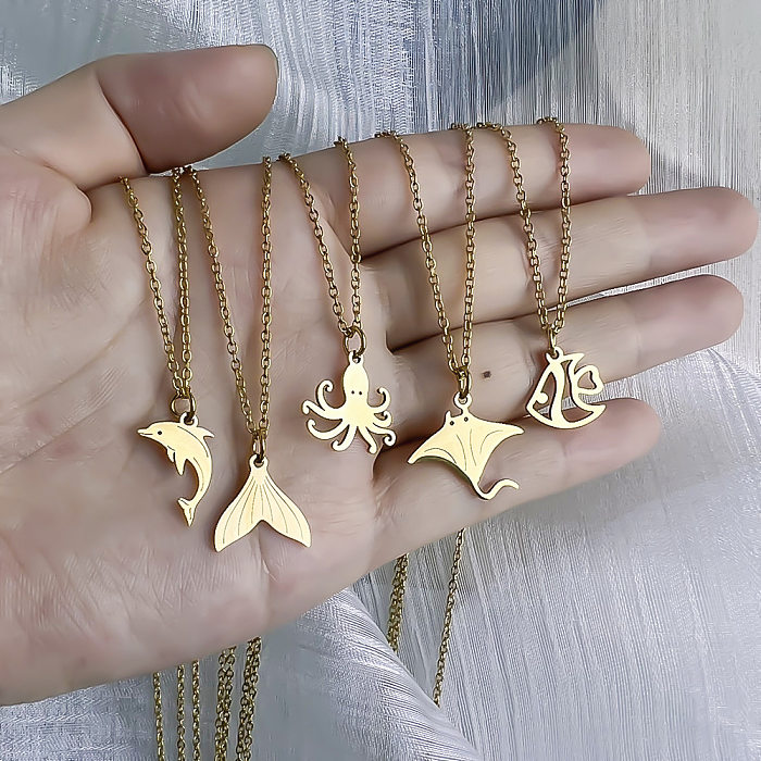 Niedliche, schlichte Halskette mit Delfin- und Oktopus-Fischschwanz-Anhänger aus Edelstahl, 18 Karat vergoldet, in großen Mengen