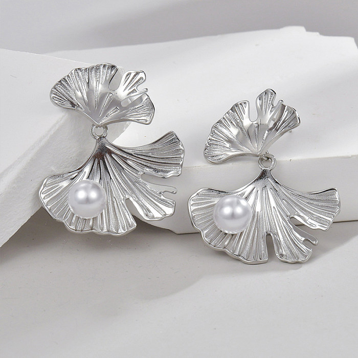 1 Pair Elegant Modern Style Ginkgo Leaf Plating Inlay Stainless Steel  Pearl 18K Gold Plated Drop Earrings