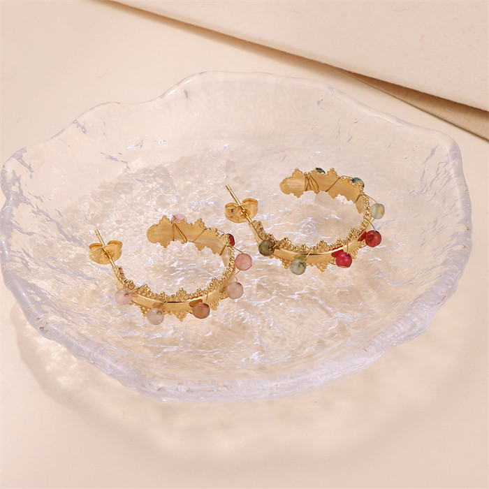 1 par de brincos banhados a ouro de pedra natural de aço inoxidável com revestimento geométrico estilo coreano