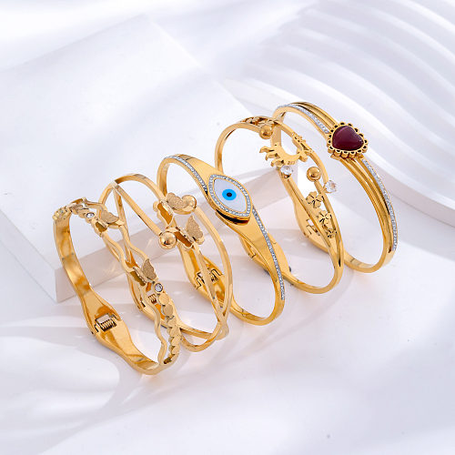 Vintage Style Classic Style Devil'S Eye Heart Shape Butterfly Titanium Steel Plating Inlay Opal Shell Zircon 24K Gold Plated Bangle