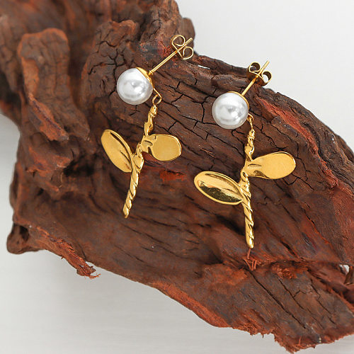 1 par de pendientes colgantes de perlas de acero inoxidable con incrustaciones de flores de estilo sencillo y dulce