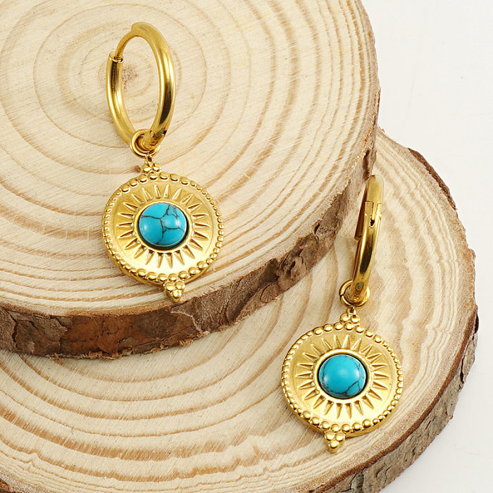 Classic Style Flower Stainless Steel  Plating Inlay Turquoise 18K Gold Plated Drop Earrings