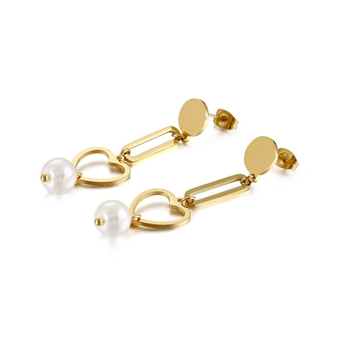 New Heart-shaped Pearl Long Earrings Creative Retro Simple Stainless Steel  Jewelry Wholesale