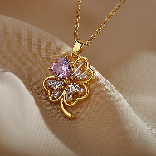 Sweet Four Leaf Clover Heart Shape Stainless Steel Copper Inlay Zircon Gold Plated Pendant Necklace