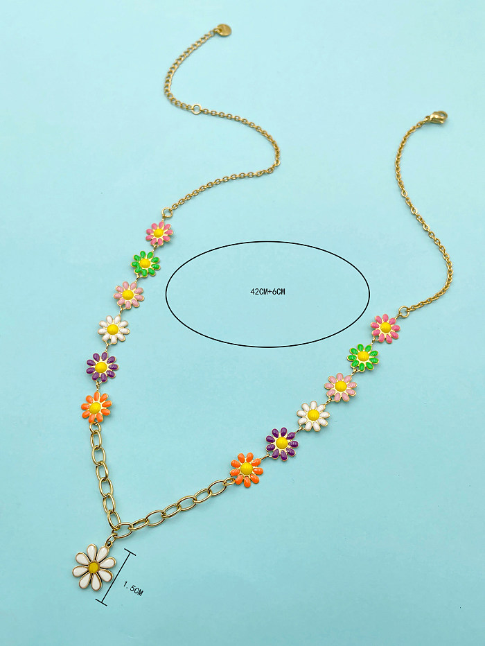 Princesse mignon style simple fleur en acier inoxydable émail plaqué collier pendentif plaqué or