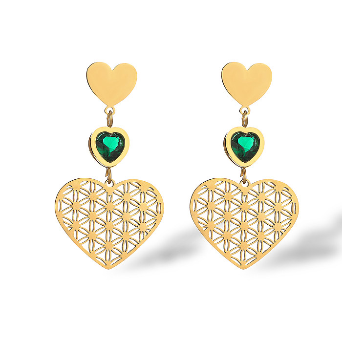 1 paire de boucles d'oreilles pendantes en forme de cœur, Style Vintage, Simple, incrustation en acier inoxydable, Zircon plaqué or 18 carats