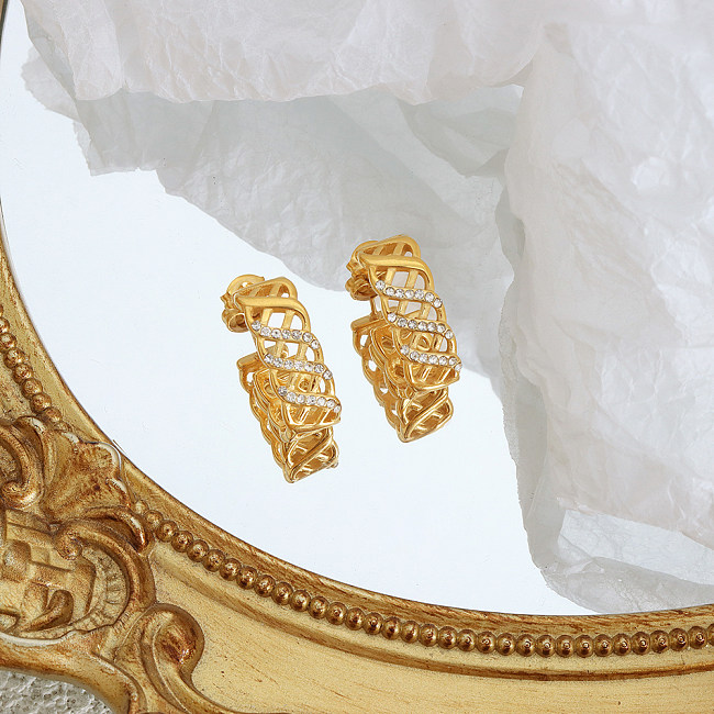 1 par elegante retro luxuoso revestimento geométrico incrustado de aço inoxidável zircão brincos banhados a ouro 18K
