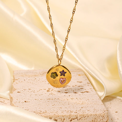 Collier pendentif plaqué or 18 carats en Zircon, Style Simple, étoile, forme de cœur, fleur, incrustation en acier inoxydable
