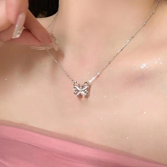 Sweet Butterfly Stainless Steel Plating Inlay Zircon Pendant Necklace