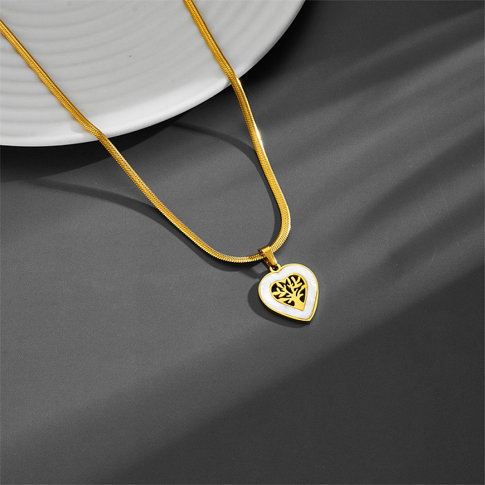 Elegant Tree Heart Shape Stainless Steel Hollow Out Zircon Gold Plated Pendant Necklace