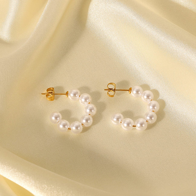 Simple 20mm Large Pearl C-shaped 18K Gold-plated Stainless Steel  Earrings