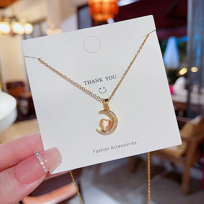 IG Style Moon Heart Shape Stainless Steel Plating Inlay Zircon Gold Plated Pendant Necklace