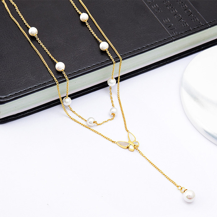 Retro French Style Butterfly Artificial Pearl Stainless Steel Plating 18K Gold Plated Layered Necklaces