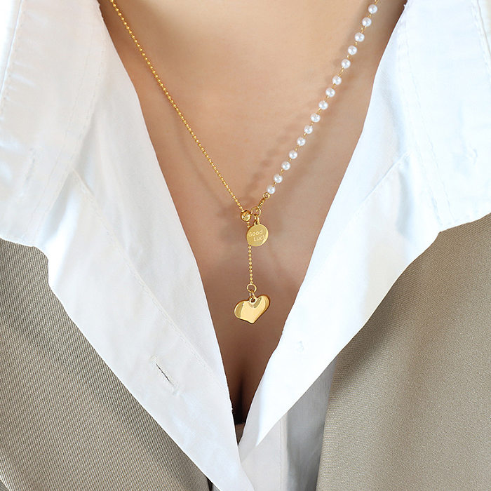 Schlichter Stil, herzförmige Halskette mit Anhänger aus Edelstahl mit Perlenbeschichtung, 1 Stück