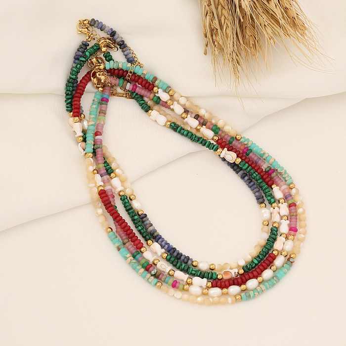 Bohemian Color Block Stainless Steel  Natural Stone Beaded Handmade Necklace 1 Piece