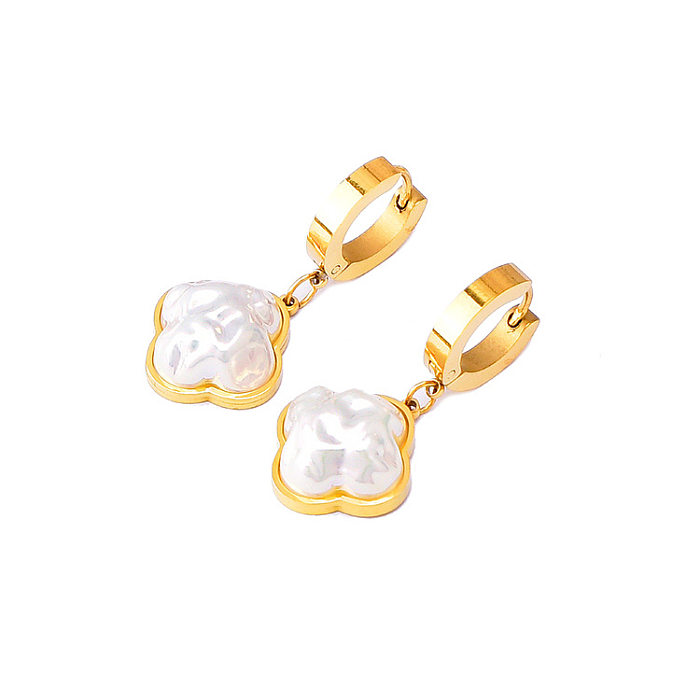 1 par de elegantes pendientes colgantes de perlas artificiales con incrustaciones de acero inoxidable con forma de flor en forma de corazón para mujer