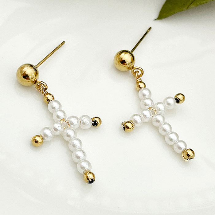 1 Pair Elegant Sweet Roman Style Cross Plating Stainless Steel  Gold Plated Drop Earrings