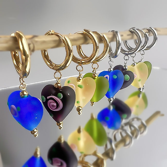 1 paire de boucles d'oreilles en verre et acier inoxydable, Style coréen artistique, en forme de cœur