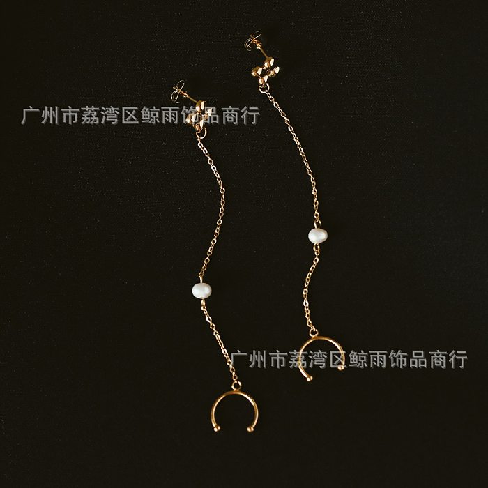 Golden Four-leaf Clover Tassel Pearl Stainless Steel Earring Ear Clip