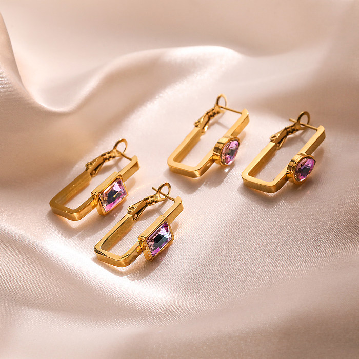 1 Paar schlichte Pendel-Ohrringe mit einfarbiger Beschichtung und Inlay aus Edelstahl mit Zirkon und 18-Karat-Vergoldung