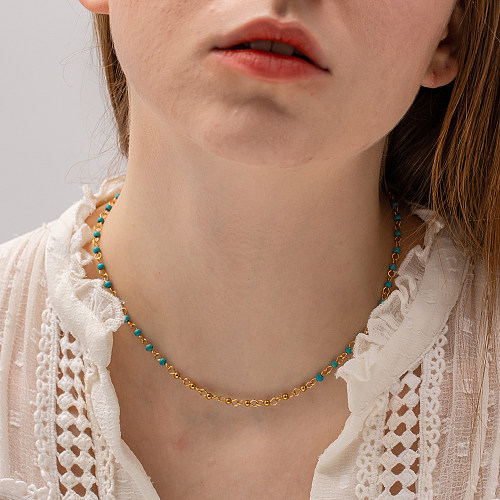 1 Stück Retro-Farbblock-Halskette aus Edelstahl mit türkisfarbener Beschichtung
