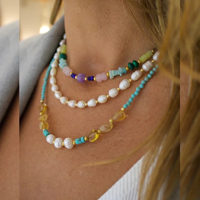 Collier plaqué or 18 carats avec perles rondes en acier inoxydable de style simple de style IG