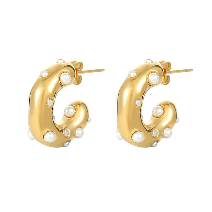 Boucles d'oreilles plaquées or, Style Simple, Style classique, incrustation en forme de C, en acier inoxydable, perle, Zircon, 1 pièce