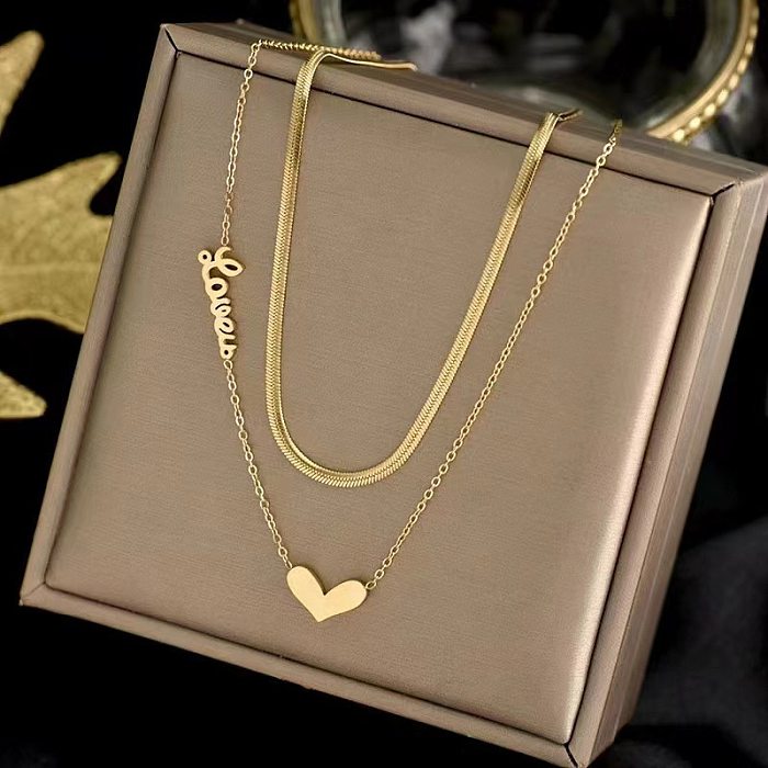 Sweet Simple Style Heart Shape Stainless Steel Plating 18K Gold Plated Layered Necklaces
