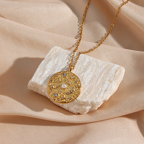 Fashion Star Moon Stainless Steel  Pendant Necklace Plating Inlay Artificial Pearls Zircon Stainless Steel  Necklaces