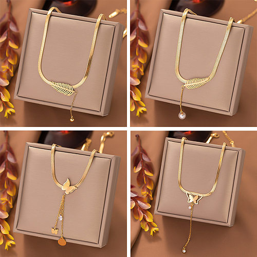 Casual Simple Style Leaves Butterfly Stainless Steel Plating Hollow Out Inlay Pearl Zircon Pendant Necklace