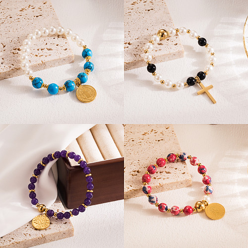 Bracelets plaqués or, croix ronde de Style IG, Imitation de perles synthétiques en acier inoxydable