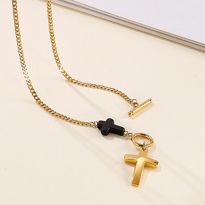 Fashion OT Buckle Stainless Steel  Hollow Cross Contrast Color Necklace