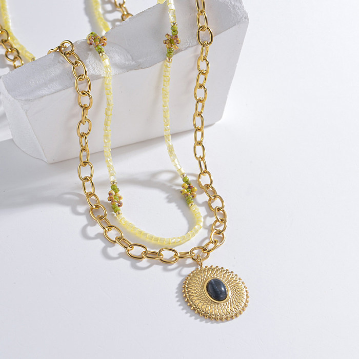 Colliers luxueux ronds en acier inoxydable, incrustation de perles, pierres précieuses artificielles, plaqué or 18 carats, Double couche