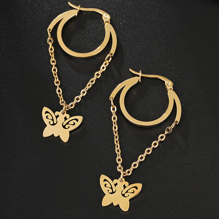 1 paire de boucles d'oreilles pendantes en forme de cœur et de lune, plaquées en acier inoxydable, papillon