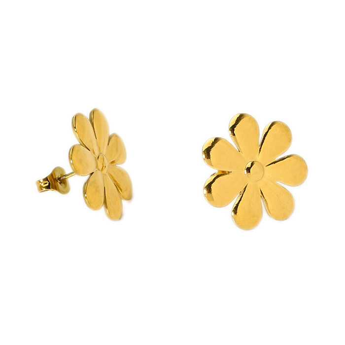 1 par de brincos de orelha banhados a ouro 18K, estilo básico moderno, flor, aço inoxidável