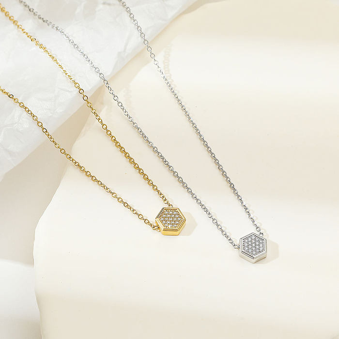 Simple Style Hexagon Stainless Steel  Plating Inlay Zircon White Gold Plated Gold Plated Pendant Necklace