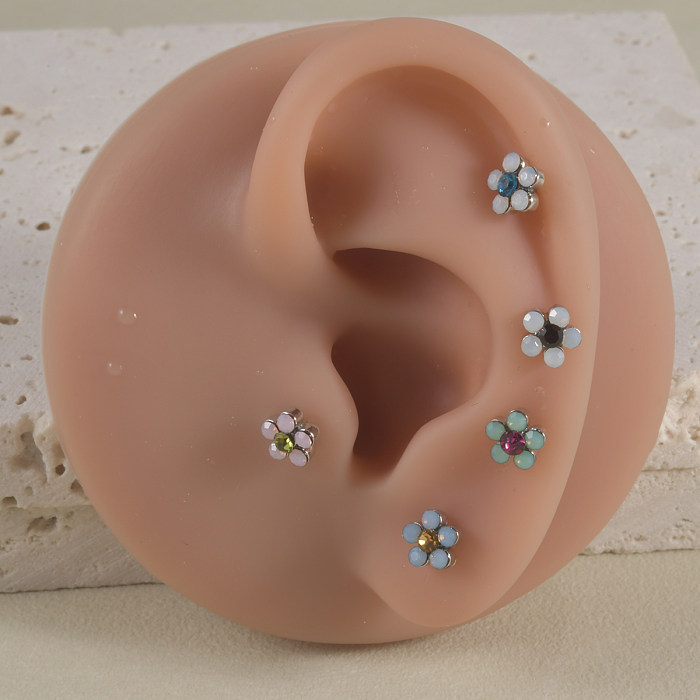 1 peça senhora estilo simples brilhante flor pétala incrustação de pedras preciosas artificiais de aço inoxidável strass artificiais brincos de orelha