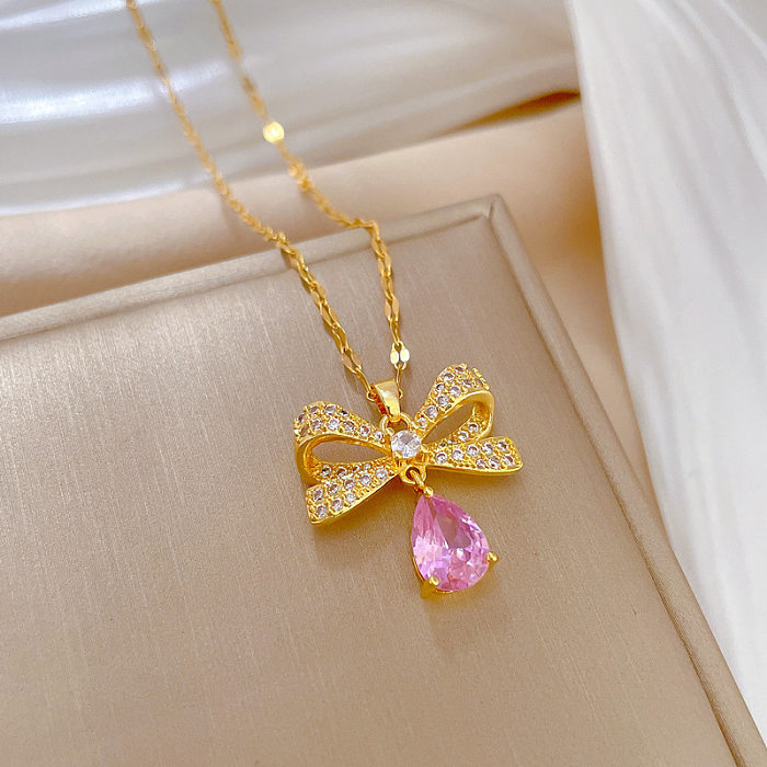 Sweet Water Droplets Bow Knot Stainless Steel Copper Plating Inlay Artificial Gemstones Zircon Pendant Necklace