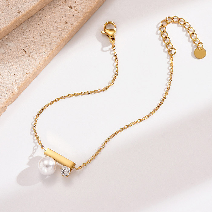 Einfacher Stil im koreanischen Stil, rechteckig, Edelstahl, Polierbeschichtung, Inlay, künstliche Perlen, Zirkon, 14 Karat vergoldete Armbänder