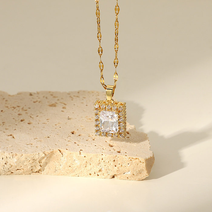 18K Gold-plated Stainless Steel  Jewelry Square White Cubic Zircon Pendant Necklace Female